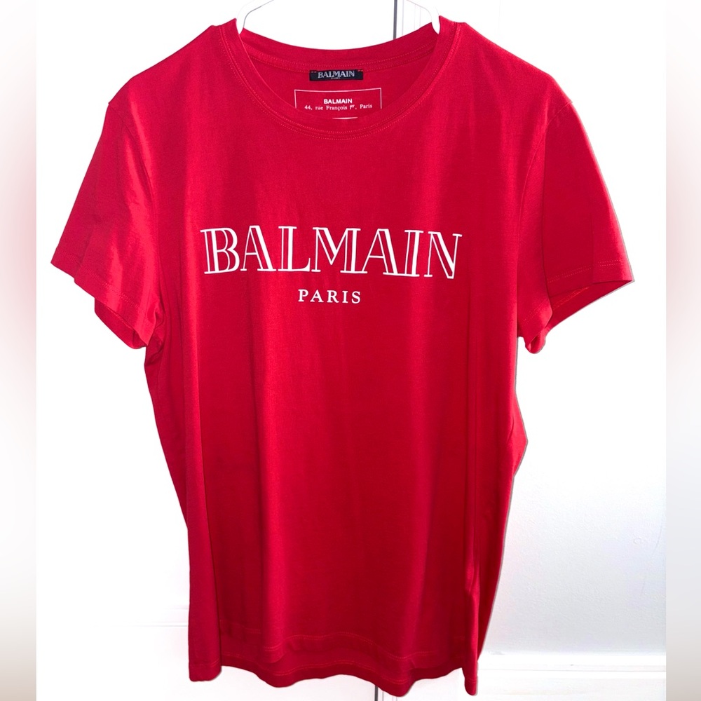 Men’s Balmain Red Logo T Shirt